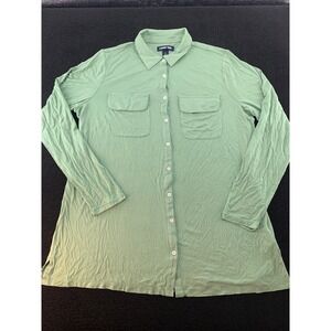 Lands End Women Long Sleeve Button Down Shirt Green Casual Top Size L 14-16